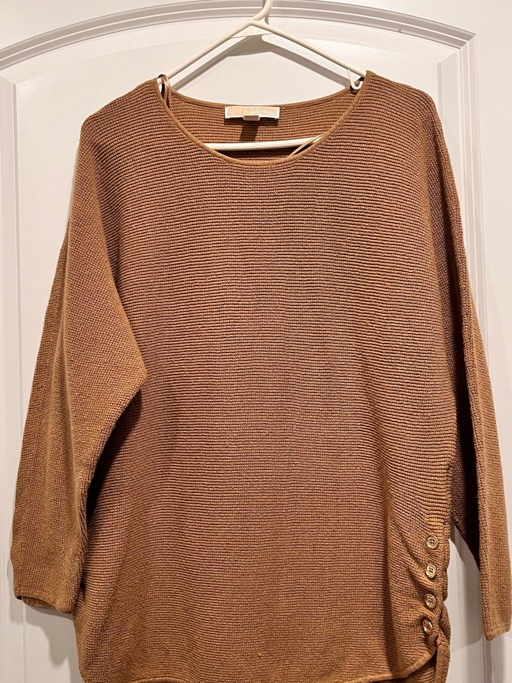 Calvin Klein Button-Side Knit Sweater in Camel